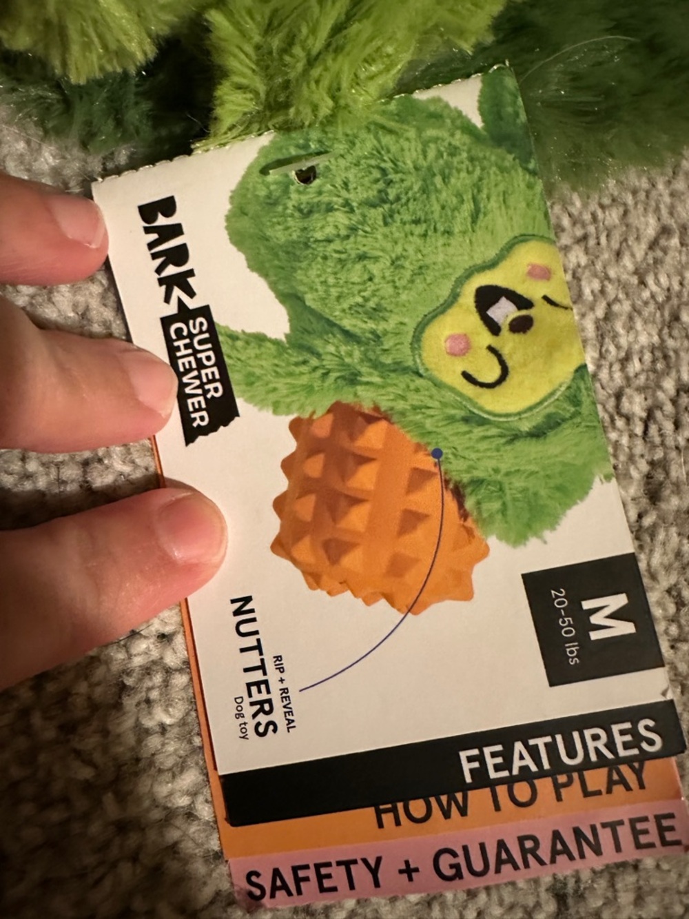 Bark Green Plush Nutters Dog Toy with Orange Chew Ball